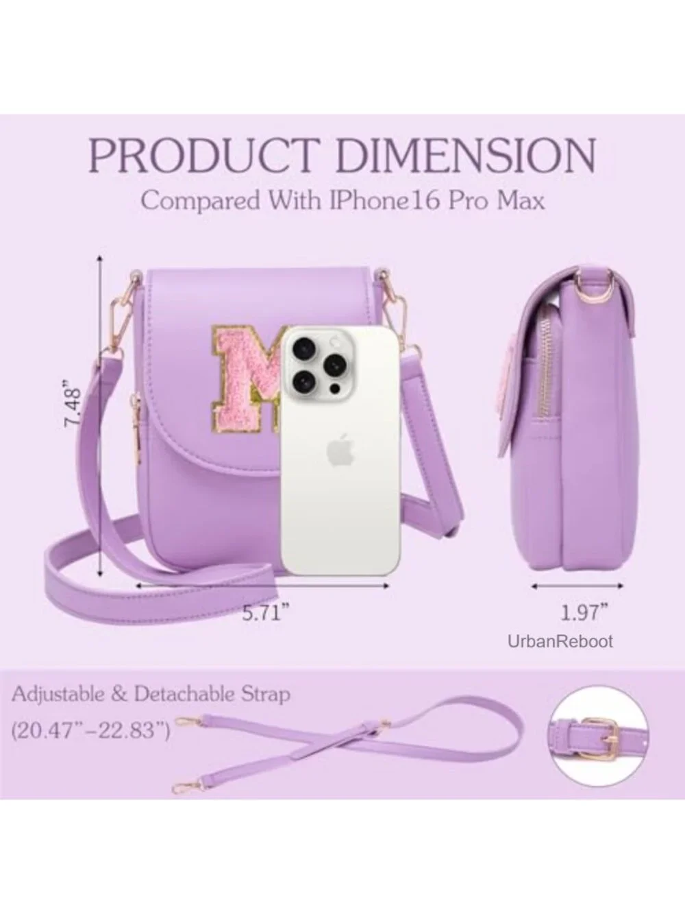 Small PU Leather Crossbody Purse Letter Embroidery Adjustable Strap Phone Bag